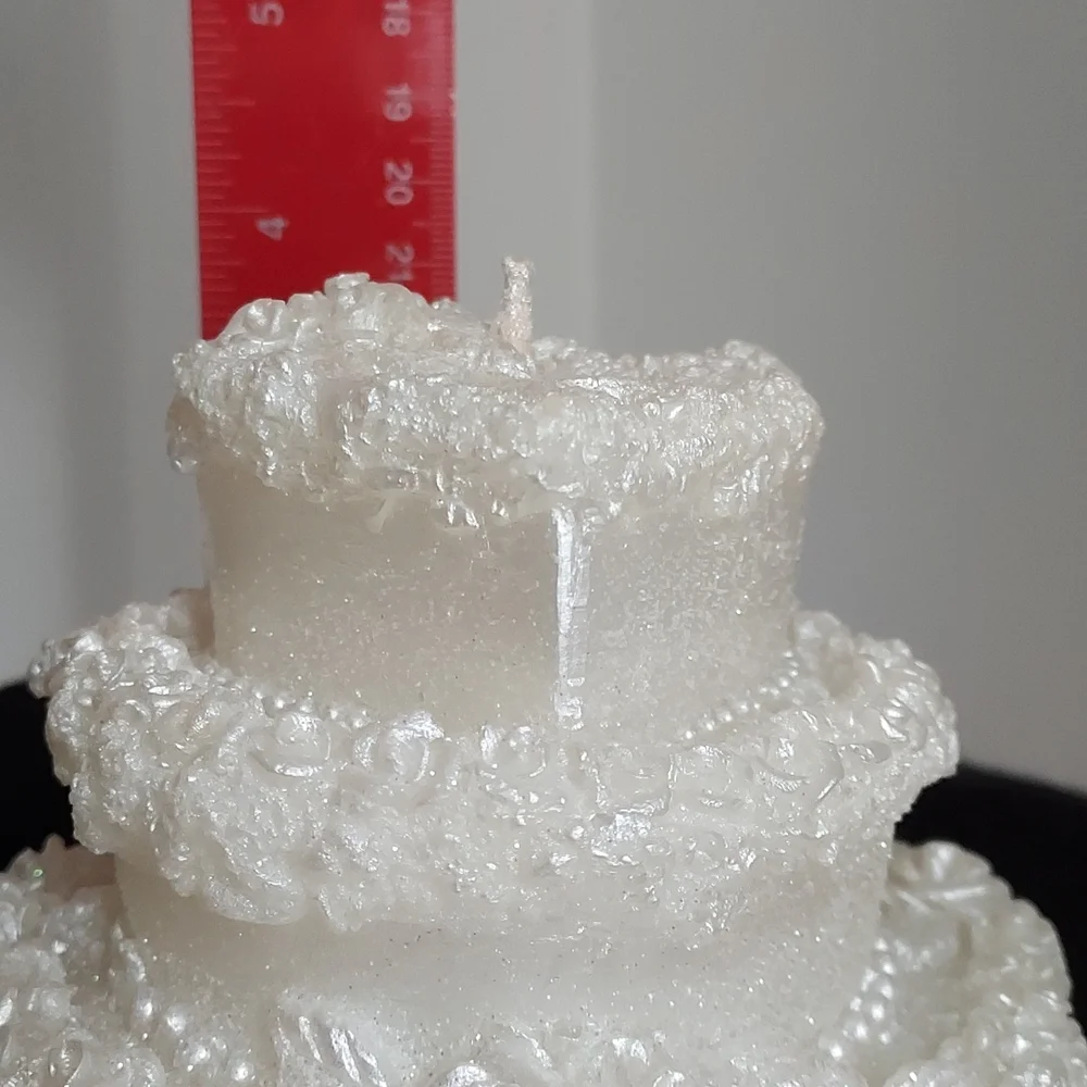 New Lg 3 Tier Candle Cake Topper White Frosted Silver with Glitter